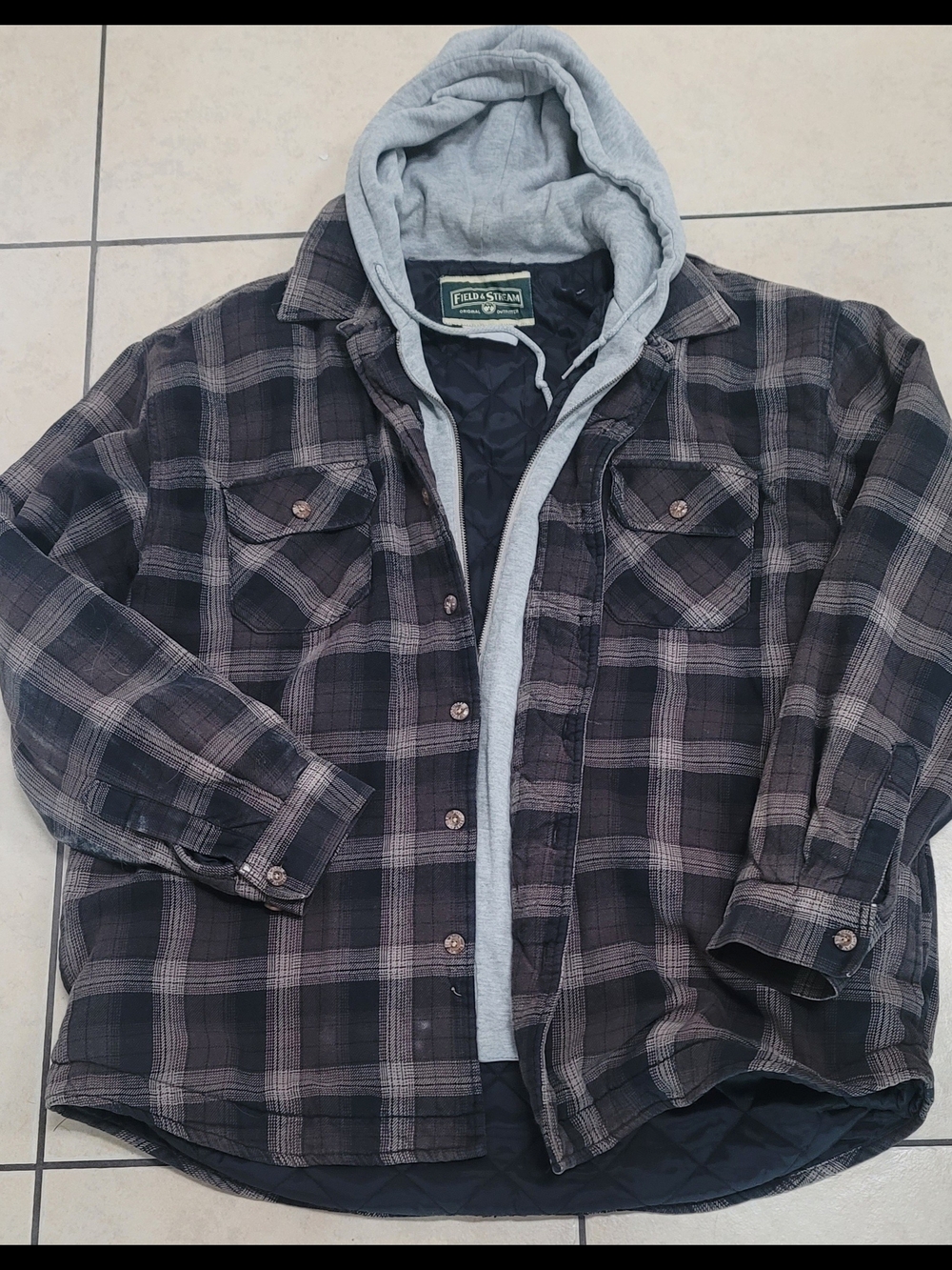 Field & Stream Black and Gray Plaid Hooded Shirt Jacket